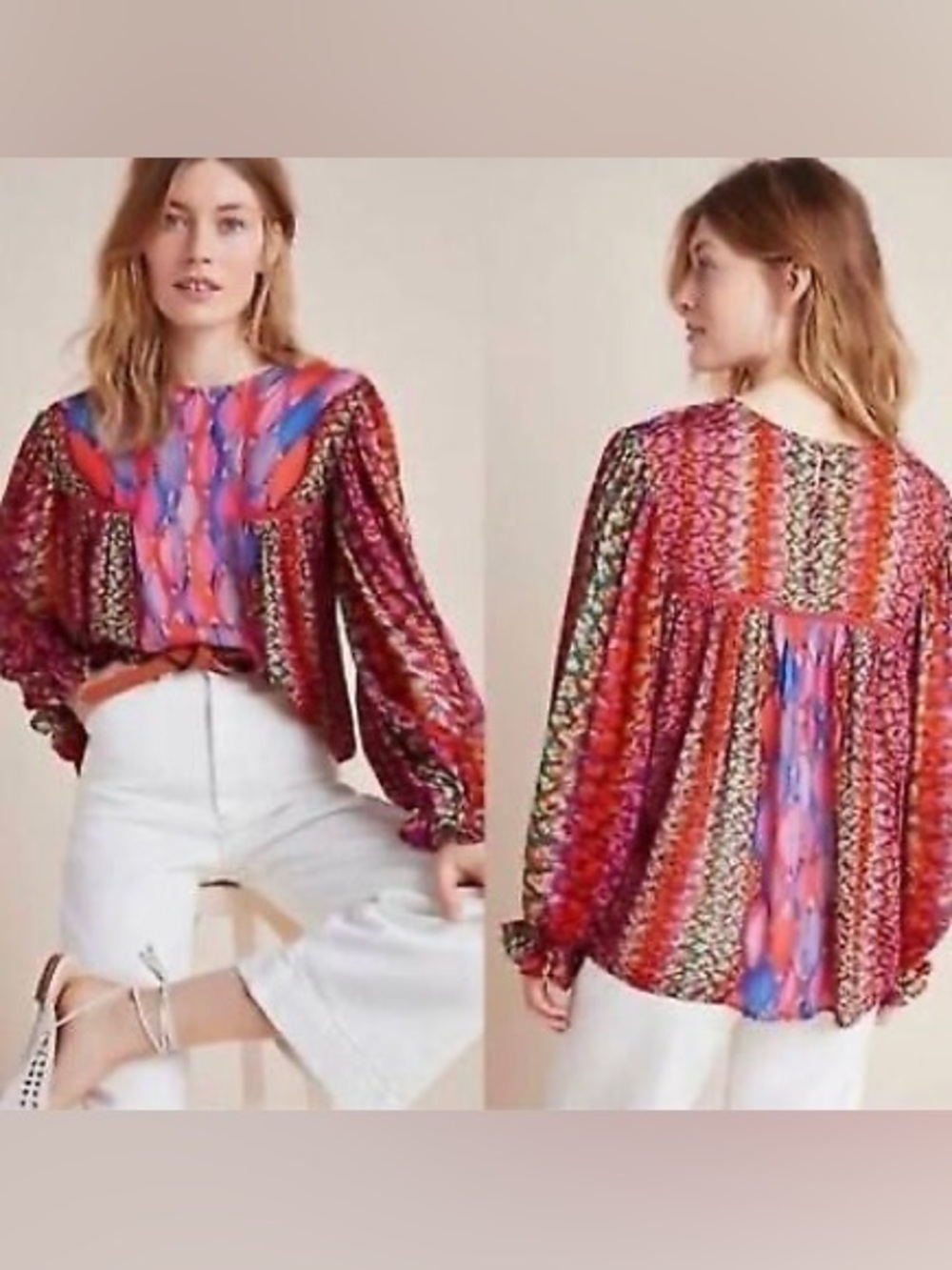 Anthropologie XS Bl-nk Miranda Mixed-Print Peasant Blouse Pink Red Animal Boho